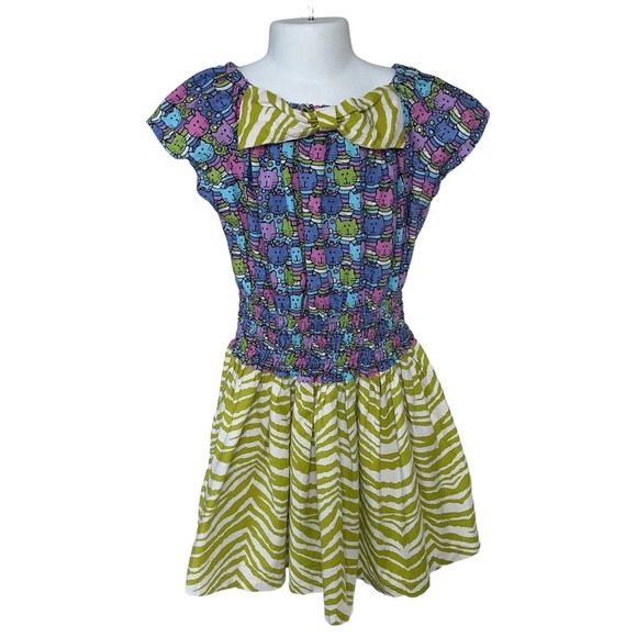Girls 6 Boutique Bright Colorful Rainbow Cats Lime Green Zebra Print Bow Dress - Picture 1 of 3